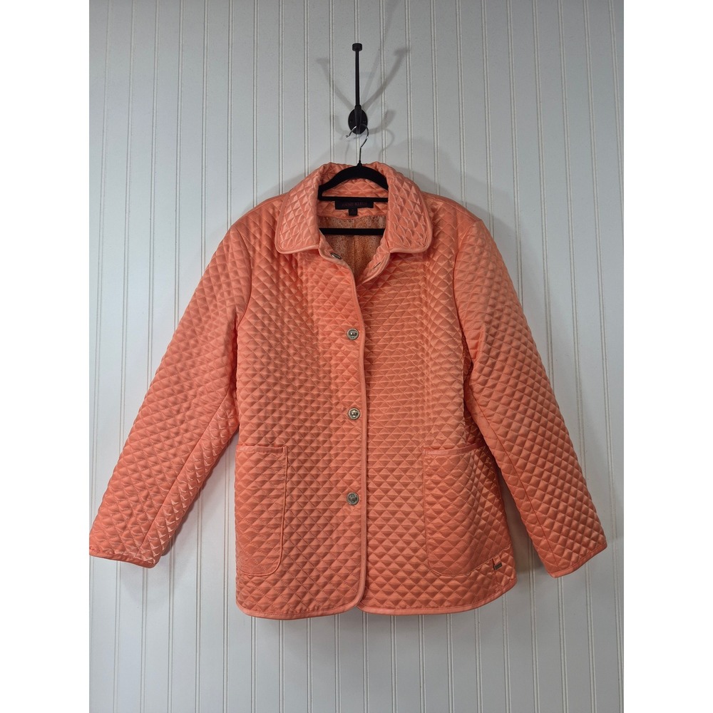 Anne Klein Quilted Jacket XL Coral Peach Diamond Stitch Floral Lined Button Coat
